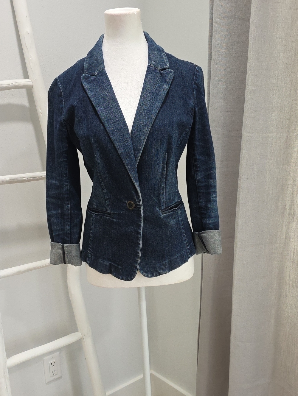 Ann Taylor Dark Blue Stretch Denim Tailored Blazer Jacket - Jean Coat